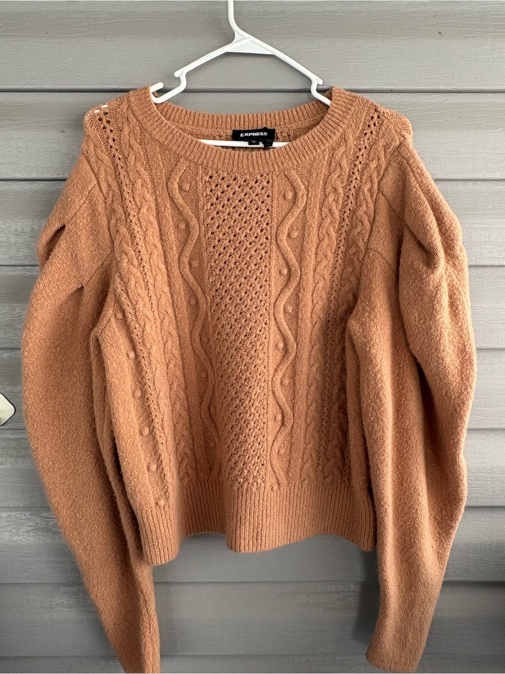 Express Cable Knit Crew Sweater in Camel Brown